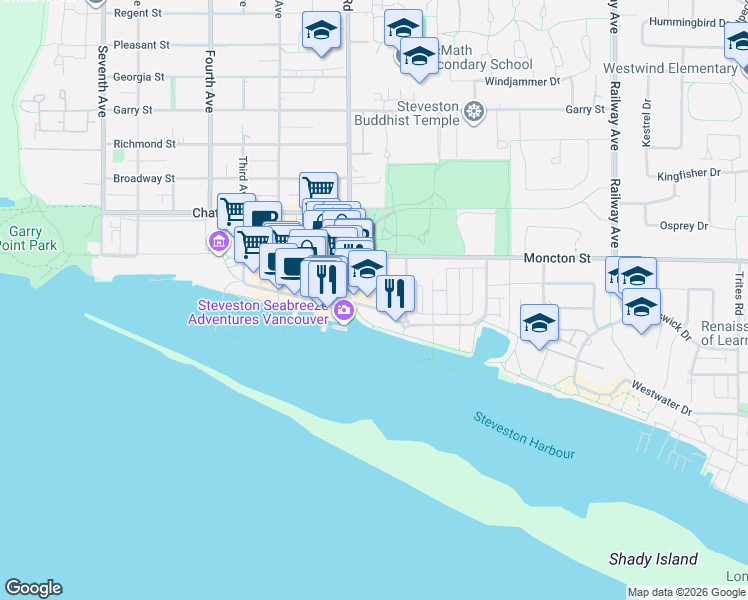 map of restaurants, bars, coffee shops, grocery stores, and more near 4111 Bayview Street in Richmond
