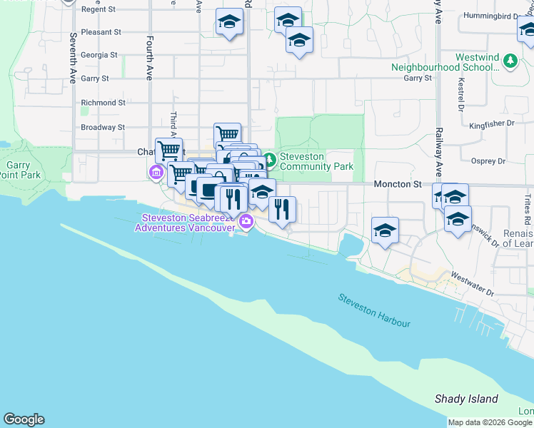 map of restaurants, bars, coffee shops, grocery stores, and more near 4111 Bayview Street in Richmond