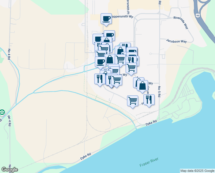 map of restaurants, bars, coffee shops, grocery stores, and more near 12240 Horseshoe Way in Richmond