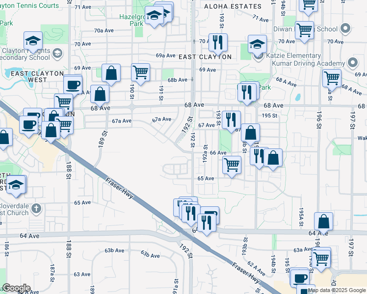 map of restaurants, bars, coffee shops, grocery stores, and more near 19201 66A Avenue in Surrey