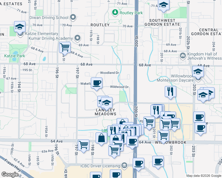 map of restaurants, bars, coffee shops, grocery stores, and more near 2620 Wildwood Drive in Langley