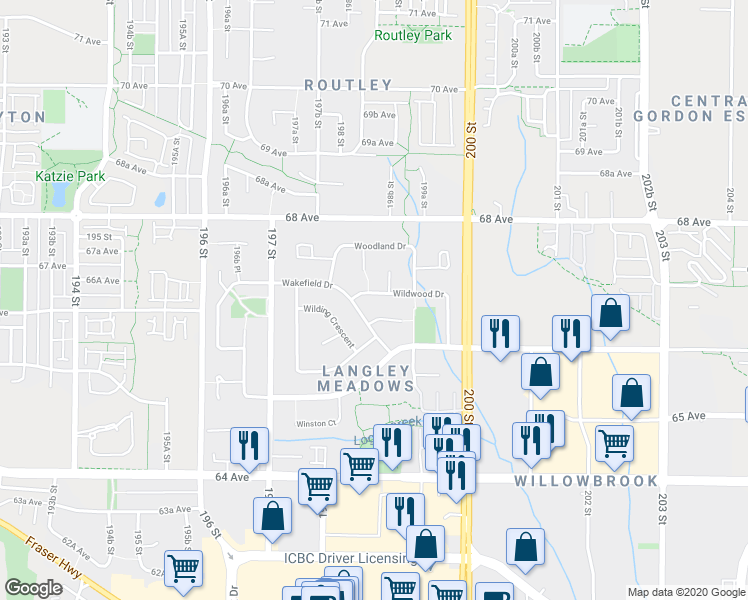 map of restaurants, bars, coffee shops, grocery stores, and more near 2610 Wildwood Drive in Langley City