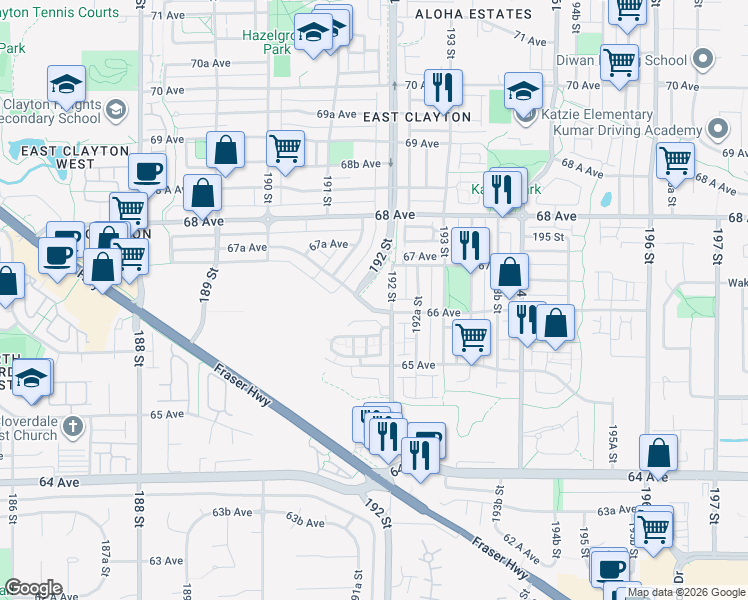 map of restaurants, bars, coffee shops, grocery stores, and more near 19201 66A Avenue in Surrey