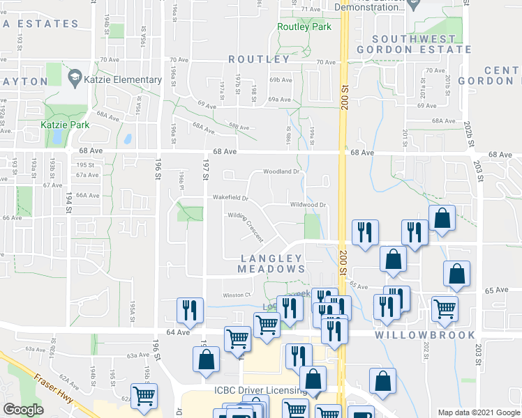 map of restaurants, bars, coffee shops, grocery stores, and more near 2337 Wakefield Drive in Langley