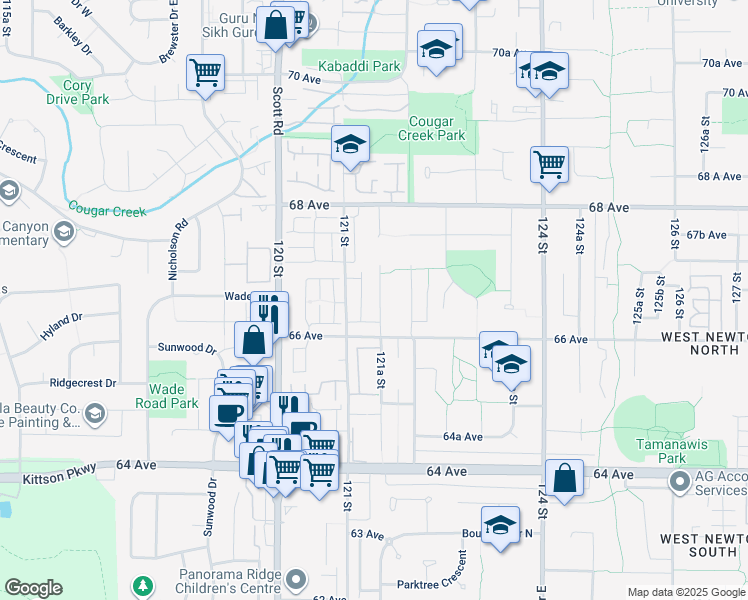 map of restaurants, bars, coffee shops, grocery stores, and more near 6655 121A Street in Surrey