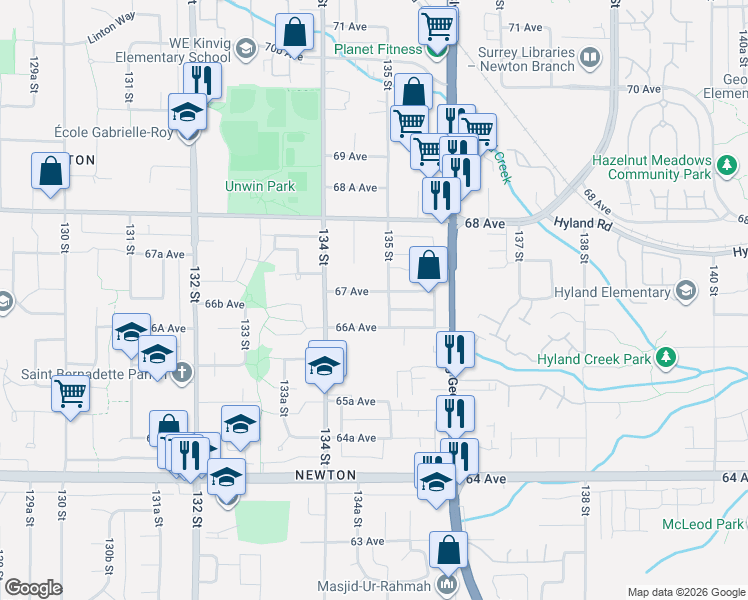 map of restaurants, bars, coffee shops, grocery stores, and more near 13474 67 Avenue in Surrey