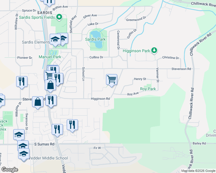map of restaurants, bars, coffee shops, grocery stores, and more near 45995 Ivy Avenue in Chilliwack