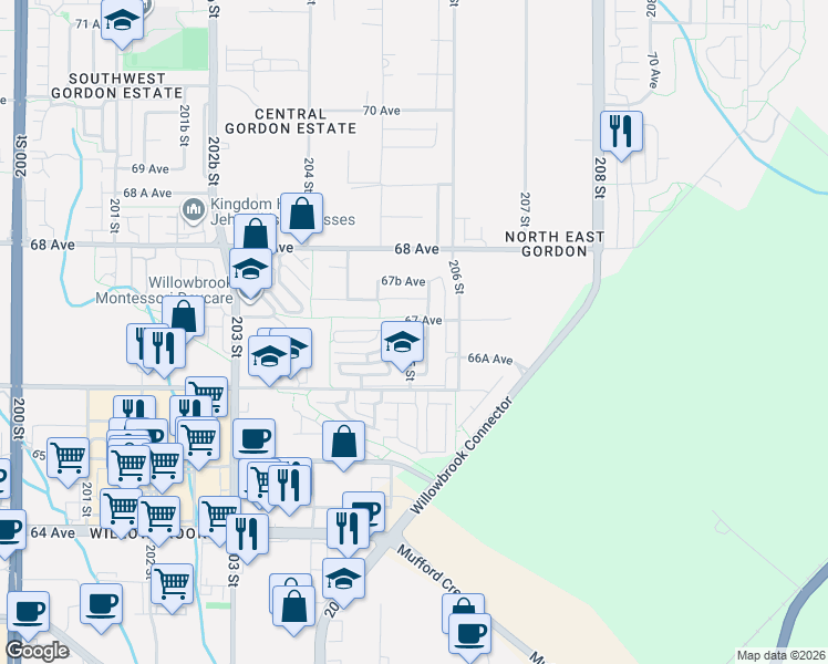 map of restaurants, bars, coffee shops, grocery stores, and more near 20503 66B Avenue in Langley