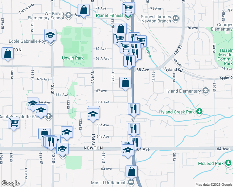 map of restaurants, bars, coffee shops, grocery stores, and more near 13518 67 Avenue in Surrey