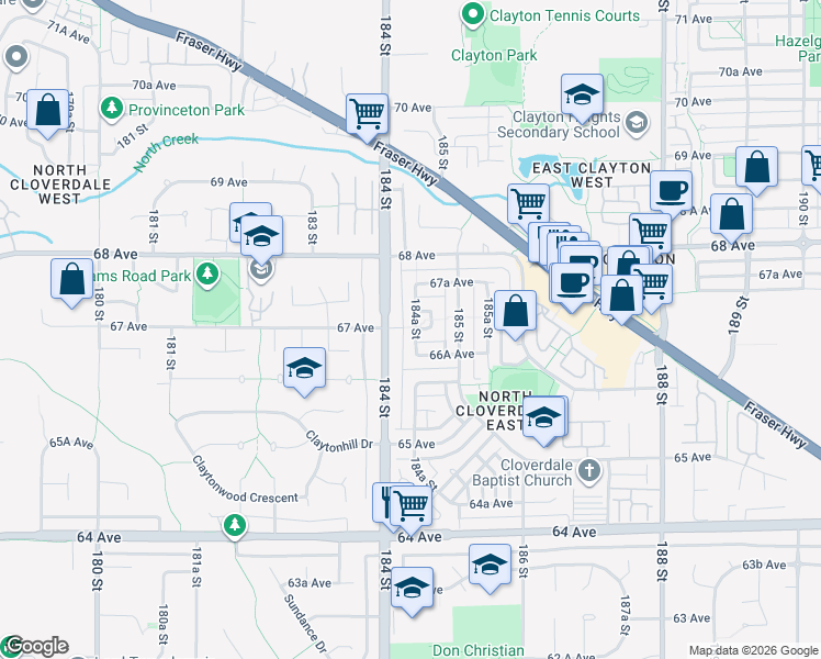 map of restaurants, bars, coffee shops, grocery stores, and more near 6675 184A Street in Surrey