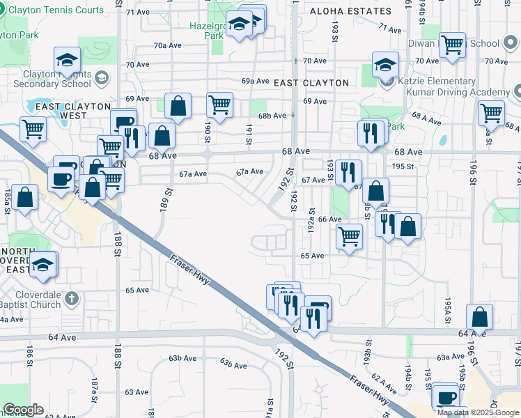 map of restaurants, bars, coffee shops, grocery stores, and more near 6677 192 Street in Surrey