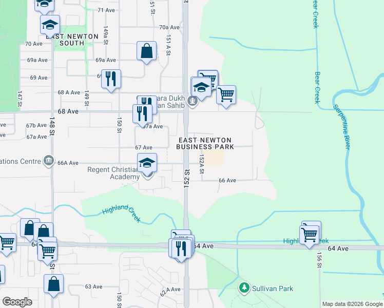 map of restaurants, bars, coffee shops, grocery stores, and more near 6678 152 Street in Surrey