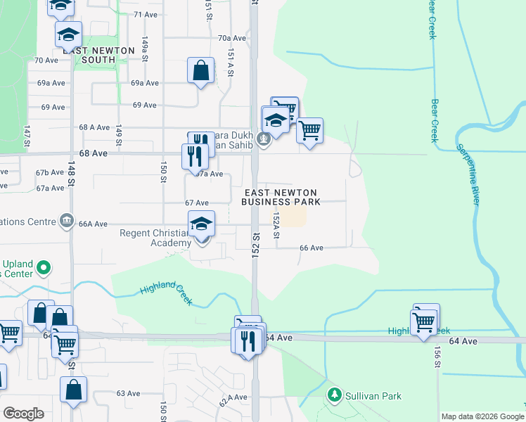 map of restaurants, bars, coffee shops, grocery stores, and more near 6678 152 Street in Surrey