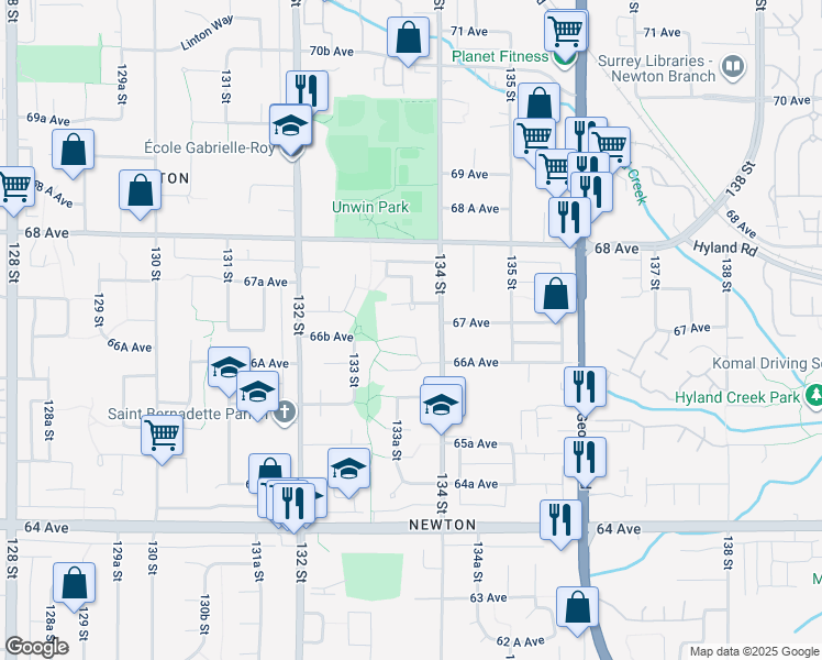 map of restaurants, bars, coffee shops, grocery stores, and more near 6666 133B Street in Surrey