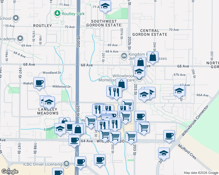 map of restaurants, bars, coffee shops, grocery stores, and more near 20211 66 Avenue in Langley Township