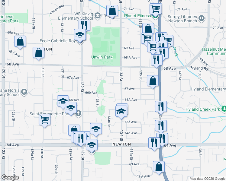 map of restaurants, bars, coffee shops, grocery stores, and more near 6666 133B Street in Surrey