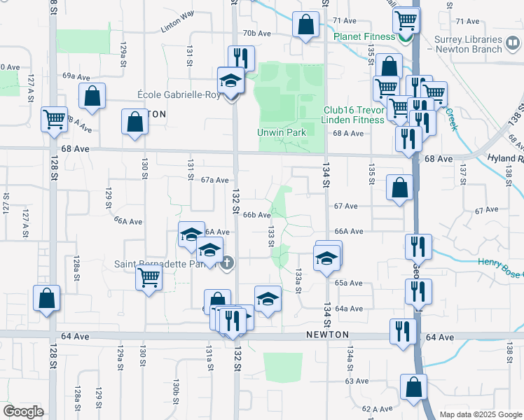 map of restaurants, bars, coffee shops, grocery stores, and more near 13261 66B Avenue in Surrey