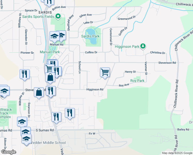 map of restaurants, bars, coffee shops, grocery stores, and more near 45983 Ivy Avenue in Chilliwack
