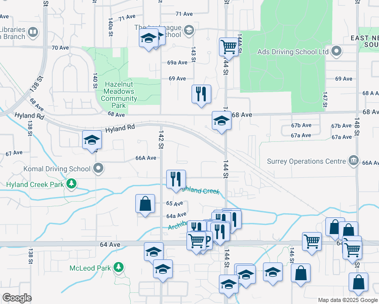 map of restaurants, bars, coffee shops, grocery stores, and more near 14280 67 Avenue in Surrey