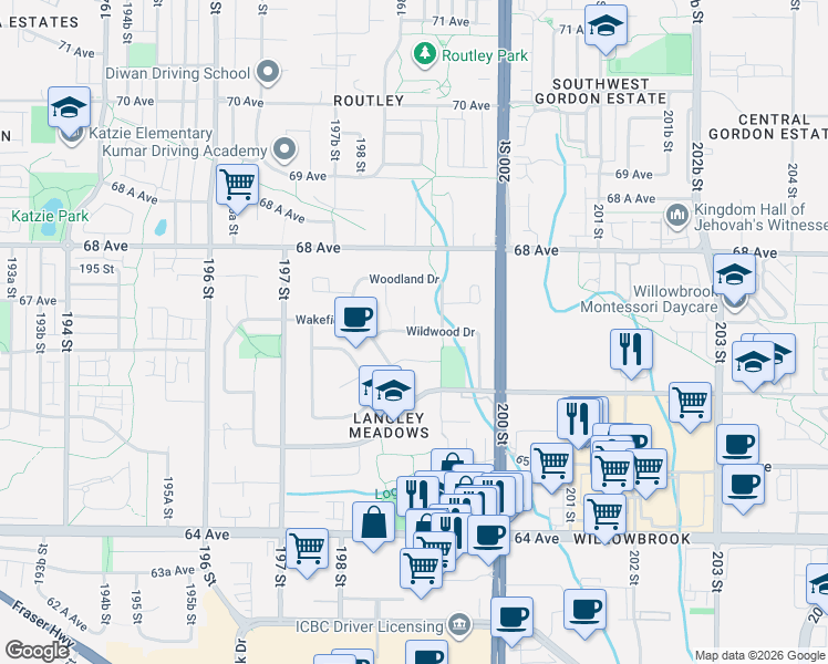 map of restaurants, bars, coffee shops, grocery stores, and more near 2630 Wildwood Drive in Langley