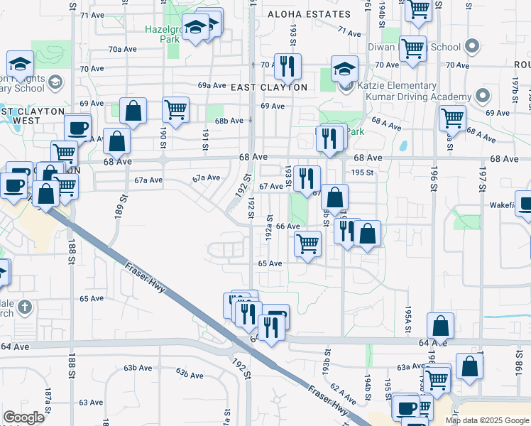 map of restaurants, bars, coffee shops, grocery stores, and more near 6631 192A Street in Surrey