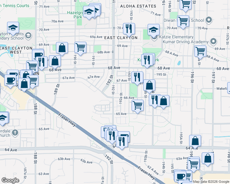 map of restaurants, bars, coffee shops, grocery stores, and more near in Surrey