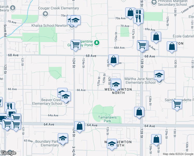 map of restaurants, bars, coffee shops, grocery stores, and more near 6663 125A Street in Surrey