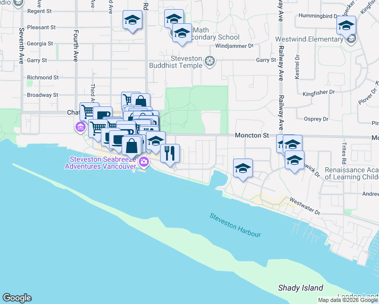 map of restaurants, bars, coffee shops, grocery stores, and more near 12260 English Avenue in Richmond