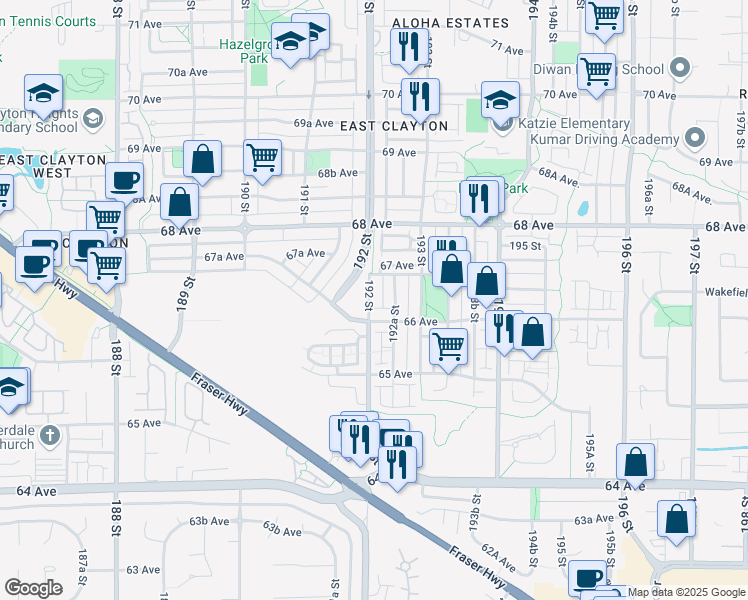 map of restaurants, bars, coffee shops, grocery stores, and more near 6640 192 Street in Surrey