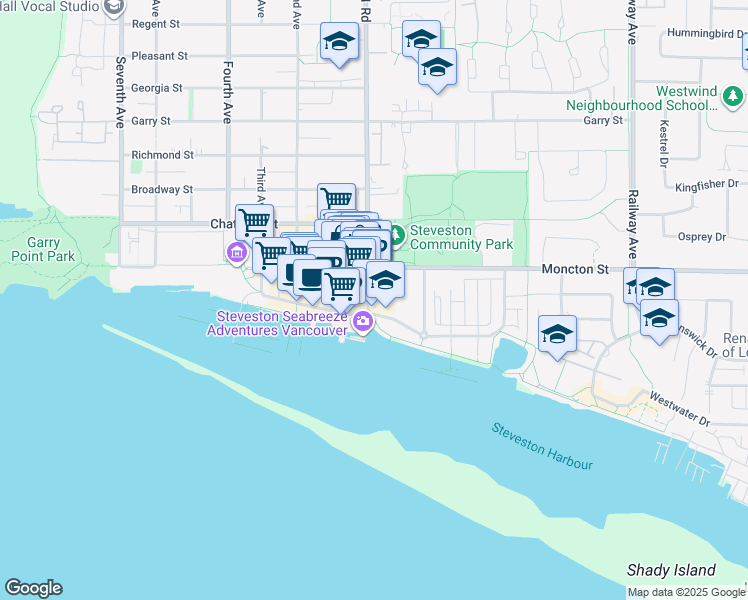 map of restaurants, bars, coffee shops, grocery stores, and more near 12480 Number 1 Road in Richmond
