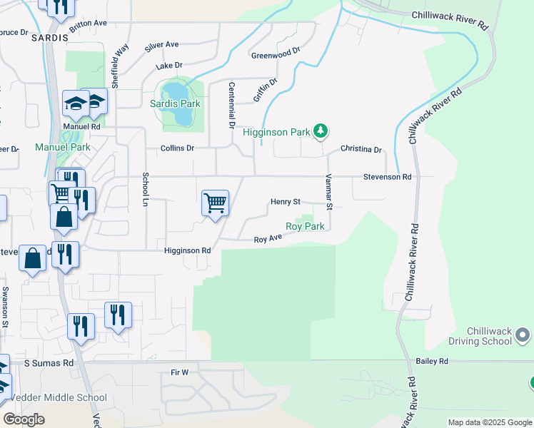 map of restaurants, bars, coffee shops, grocery stores, and more near Henry Street in Chilliwack