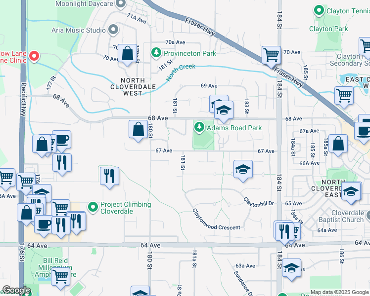 map of restaurants, bars, coffee shops, grocery stores, and more near 18105 67 Avenue in Surrey
