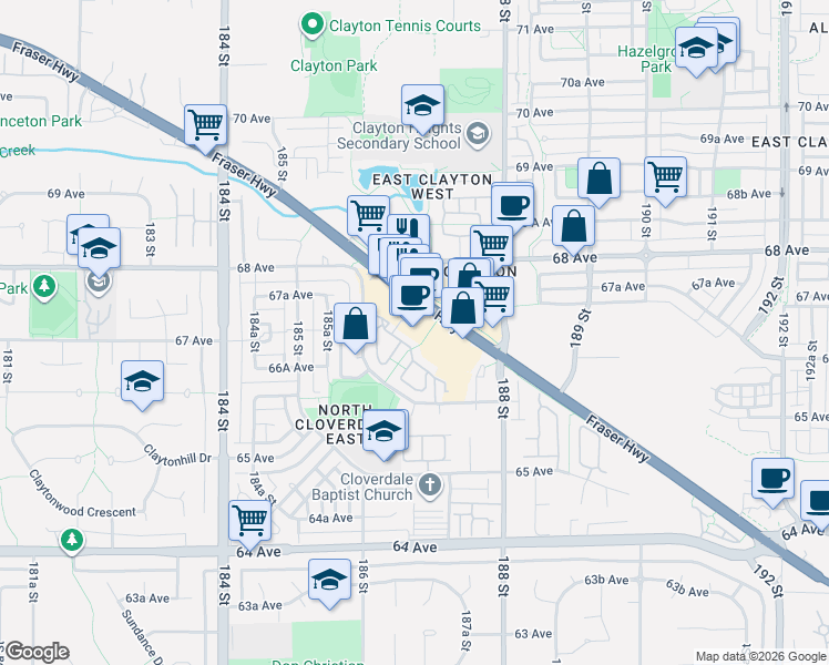 map of restaurants, bars, coffee shops, grocery stores, and more near 18690 Fraser Highway in Surrey