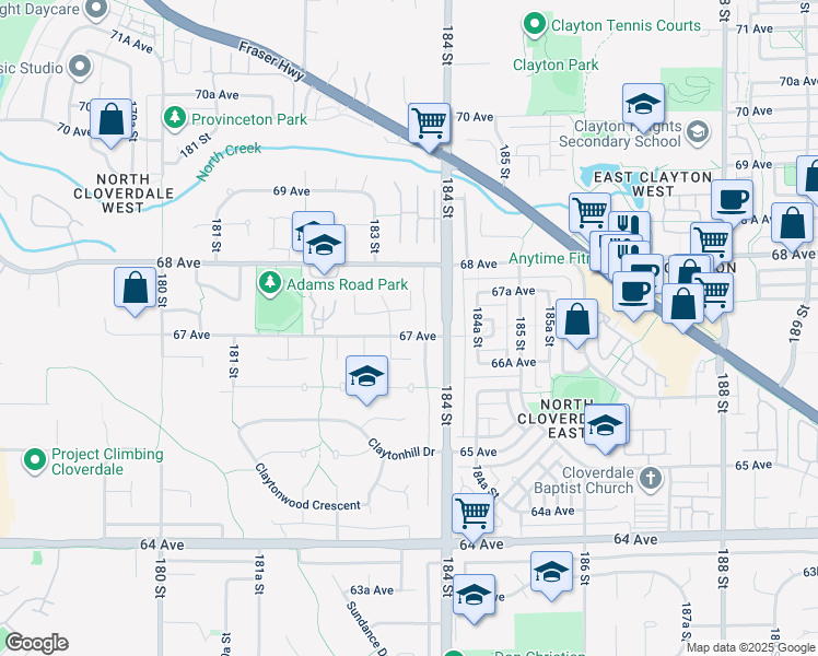 map of restaurants, bars, coffee shops, grocery stores, and more near 18359 67 Avenue in Surrey
