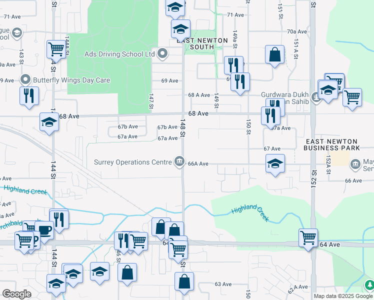 map of restaurants, bars, coffee shops, grocery stores, and more near 6682 148 Street in Surrey