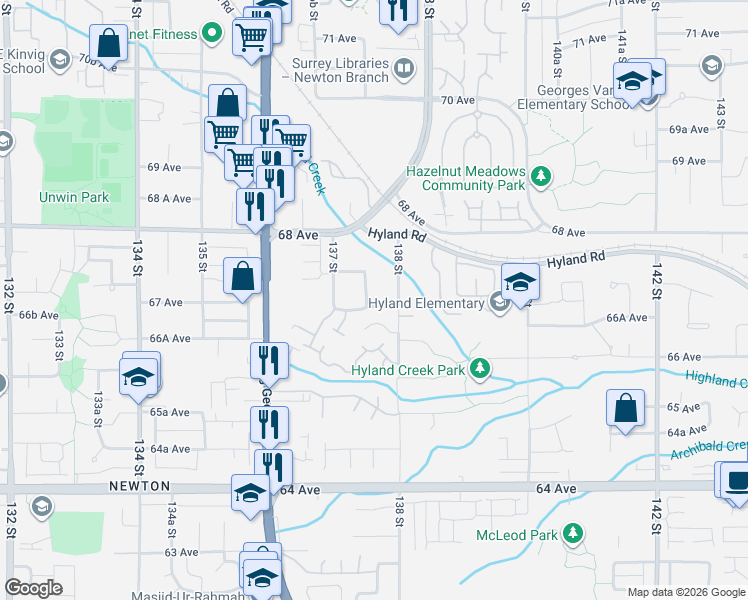 map of restaurants, bars, coffee shops, grocery stores, and more near 6710 137 A Street in Surrey