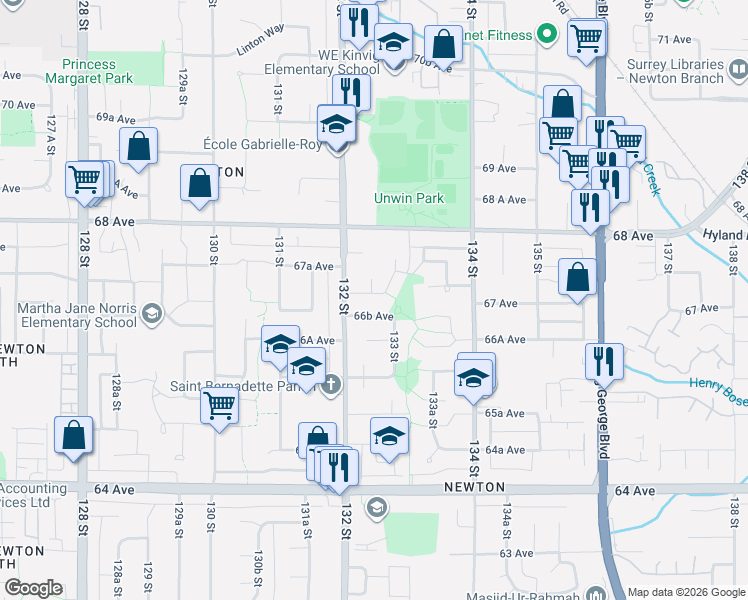 map of restaurants, bars, coffee shops, grocery stores, and more near 13242 67 Avenue in Surrey