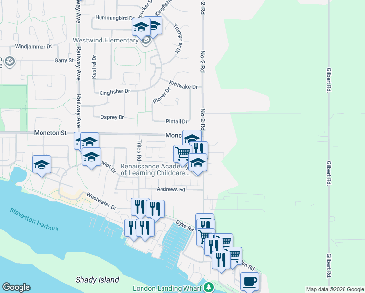 map of restaurants, bars, coffee shops, grocery stores, and more near 5580 Moncton Street in Richmond