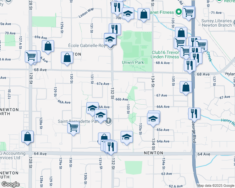 map of restaurants, bars, coffee shops, grocery stores, and more near 13218 67 Avenue in Surrey