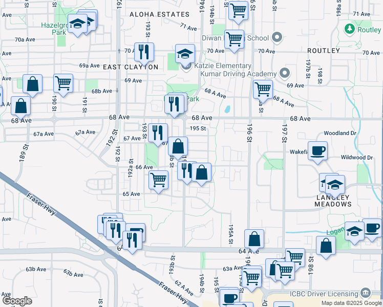 map of restaurants, bars, coffee shops, grocery stores, and more near 19430 66A Avenue in Surrey