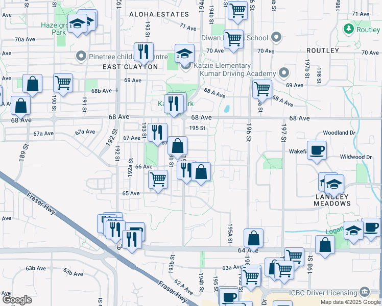 map of restaurants, bars, coffee shops, grocery stores, and more near 19430 66A Avenue in Surrey