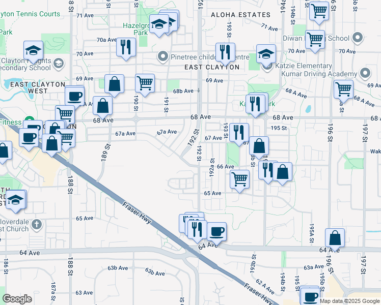 map of restaurants, bars, coffee shops, grocery stores, and more near 6706 192 St Diversion in Surrey