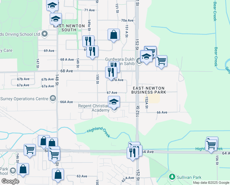 map of restaurants, bars, coffee shops, grocery stores, and more near 15091 67 Avenue in Surrey