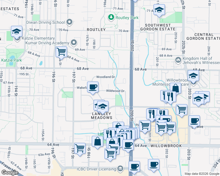 map of restaurants, bars, coffee shops, grocery stores, and more near 2639 Wildwood Court in Langley
