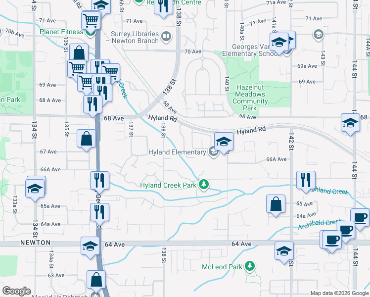 map of restaurants, bars, coffee shops, grocery stores, and more near in Surrey