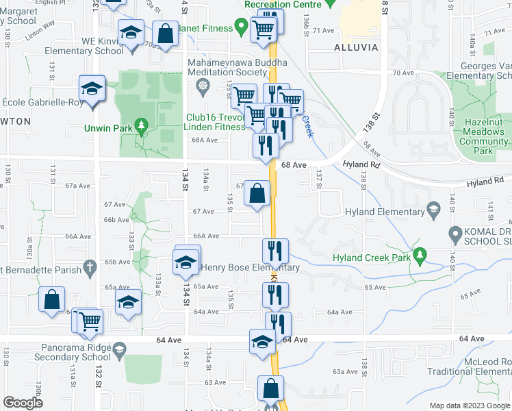 map of restaurants, bars, coffee shops, grocery stores, and more near 13565 67 Avenue in Surrey