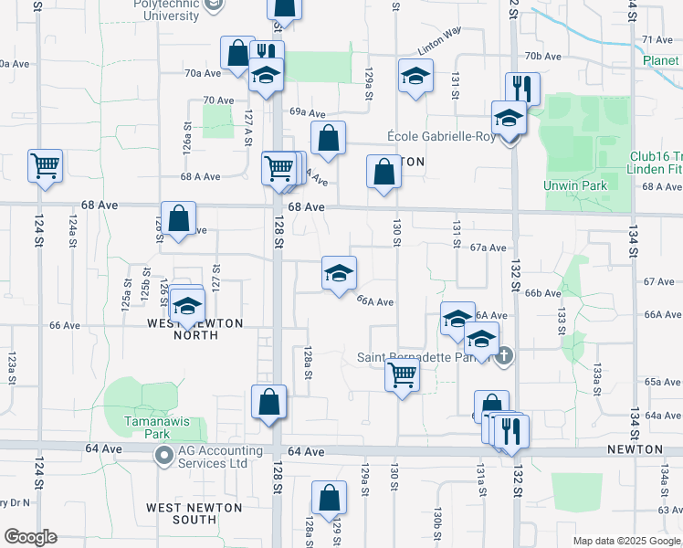 map of restaurants, bars, coffee shops, grocery stores, and more near 6691 129 Street in Surrey