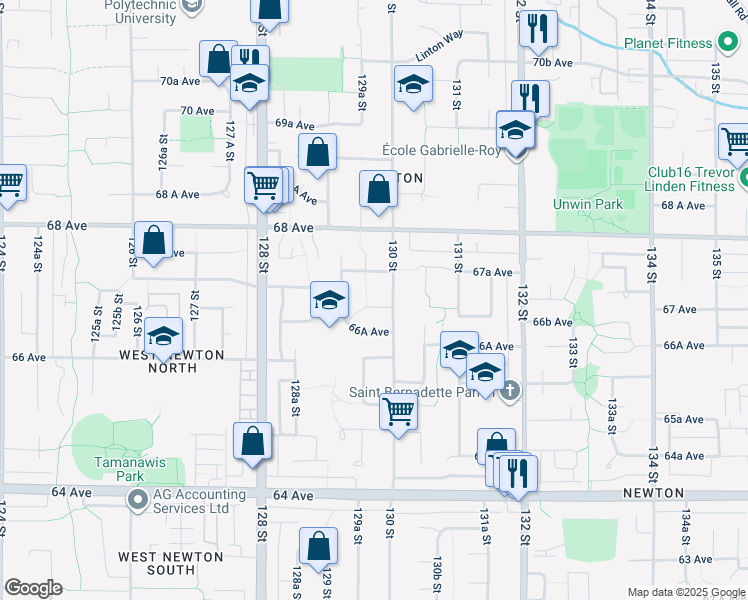 map of restaurants, bars, coffee shops, grocery stores, and more near 12971 66B Avenue in Surrey