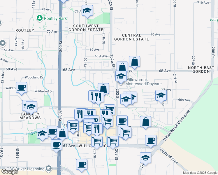map of restaurants, bars, coffee shops, grocery stores, and more near 6747 203 Street in Langley Township