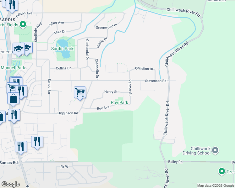 map of restaurants, bars, coffee shops, grocery stores, and more near 6792 Henry Street in Chilliwack